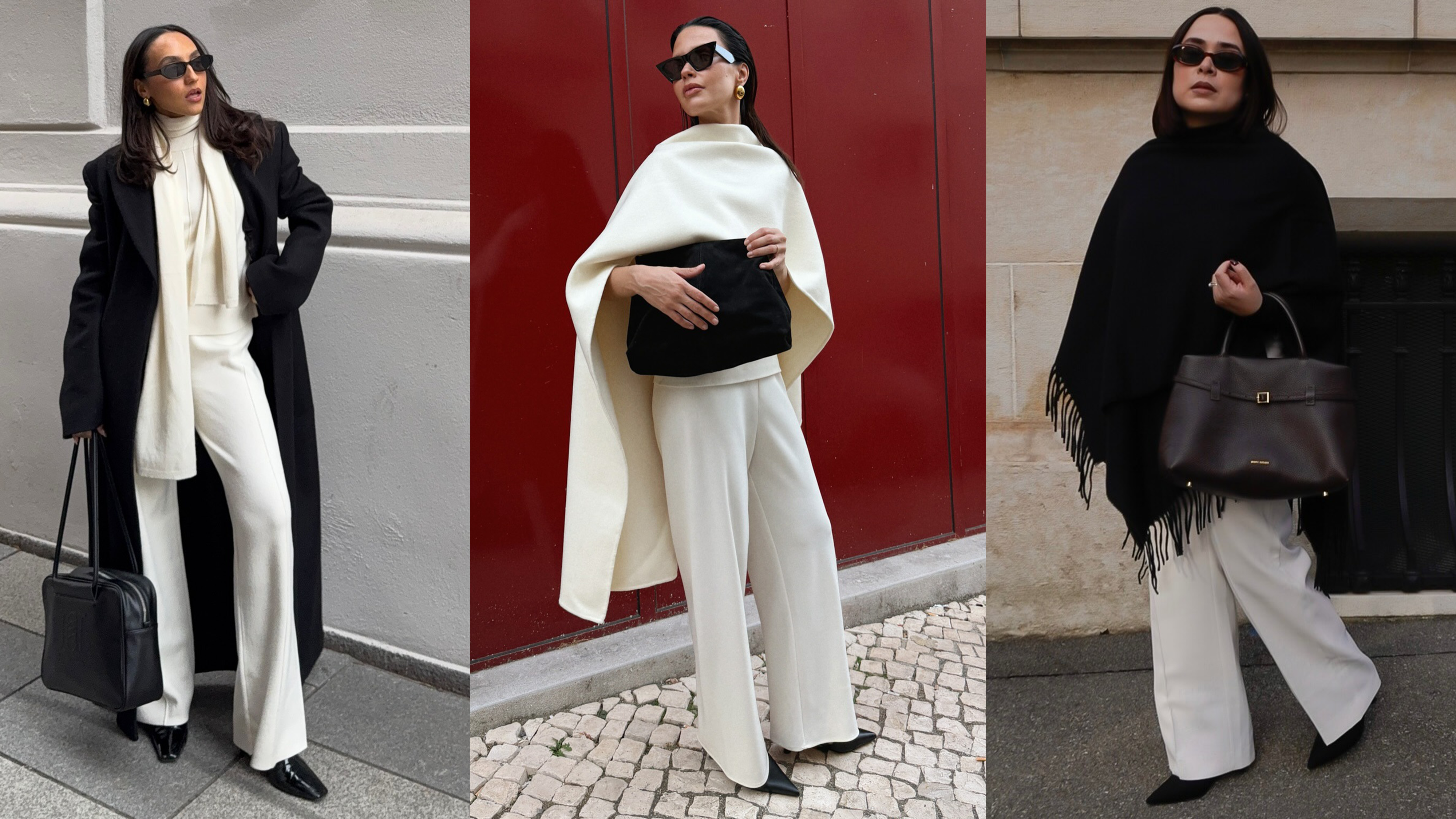 Collage of women wearing ivory-pant winter outfit ideas.