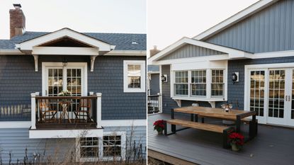 We explain balcony vs terrace. Here are two pictures of these - one balcony with dark brown rails and white wooden doors on a dark and light gray house and a terrace with a wooden dining set, white doors and windows