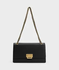 Black Metallic Accent Front Flap Bag,&nbsp;$76 (£85) | Charles &amp; Keith&nbsp;