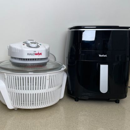 Image of air fryer and halogen oven side by side on countertop during testing