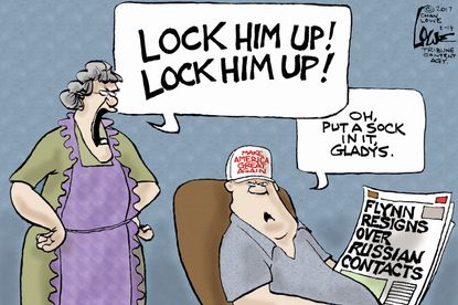 Political Cartoon U.S. Flynn Lock her up Hillary Clinton