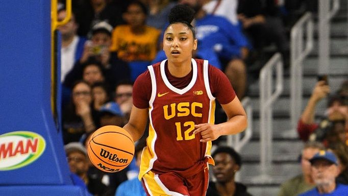 USC Trojans guard JuJu Watkins (12) dribbles up the court during a women&#039;s college basketball game between the USC Trojans and the UCLA Bruins ahead of the Big Ten Women&#039;s Basketball 2025