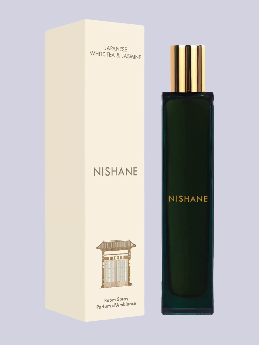 A green bottle of room spray from NISHANE with a Japanese white tea and jasmine scent
