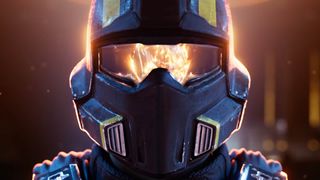 Helldivers 2 soldier with an explosion reflecting in their visor
