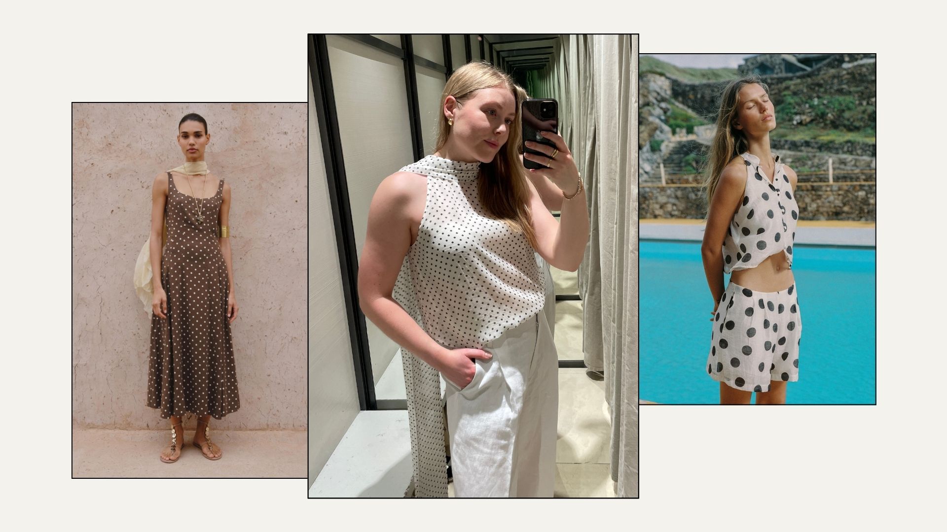 Woman wears brown polka dot dress; woman wears polka dot top; woman wears polka dot top and shorts