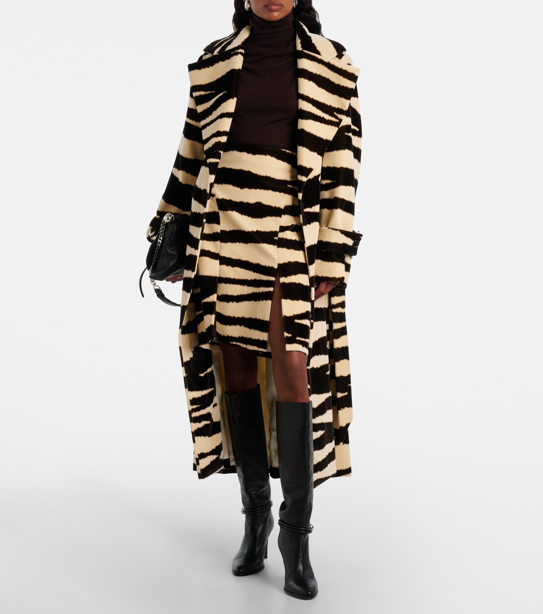 Zebra-Print Cotton Velvet Wrap Coat in Black - Nina Ricci
