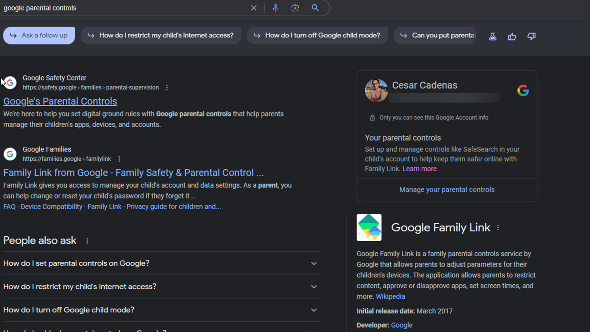 New parental controls box on Google Search