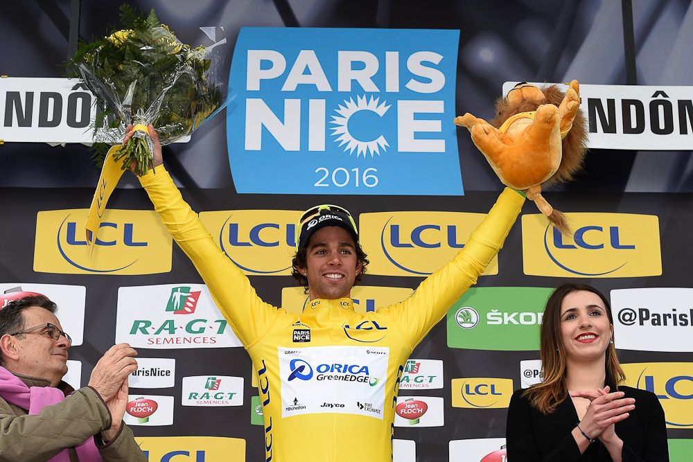 Michael Matthews on the stage 1 podium at Paris-Nice.