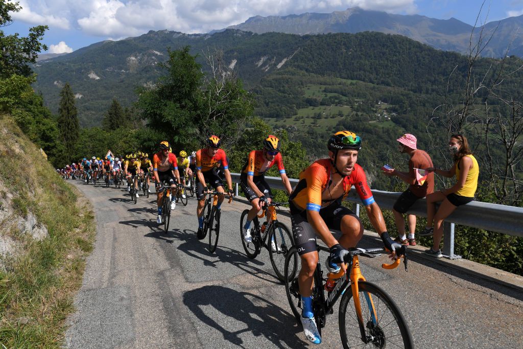 MERIBEL FRANCE SEPTEMBER 16 Sonny Colbrelli of Italy and Team Bahrain Mclaren Wouter Poels of The Netherlands and Team Bahrain Mclaren Matej Mohoric of Slovenia and Team Bahrain Mclaren Montgellafrey 1059m Peloton Landscape Mountains Fans Public during the 107th Tour de France 2020 Stage 17 a 170km stage from Grenoble to Mribel Col de la Loze 2304m TDF2020 LeTour on September 16 2020 in Mribel France Photo by Tim de WaeleGetty Images