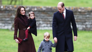 Britain's Prince William (R), Duke of Cambridge and Catherine, Duchess of Cambridge arrive with Prince George (C) and Princess Charlotte to attend a Christmas Day service at St Mark's Church in Englefield on December 25, 2016