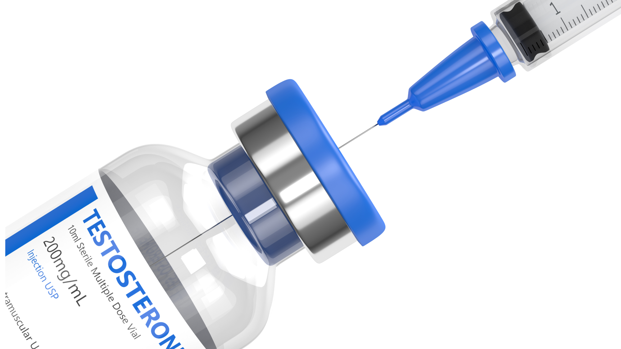 3d render of testosterone injection vial with syringe over white background