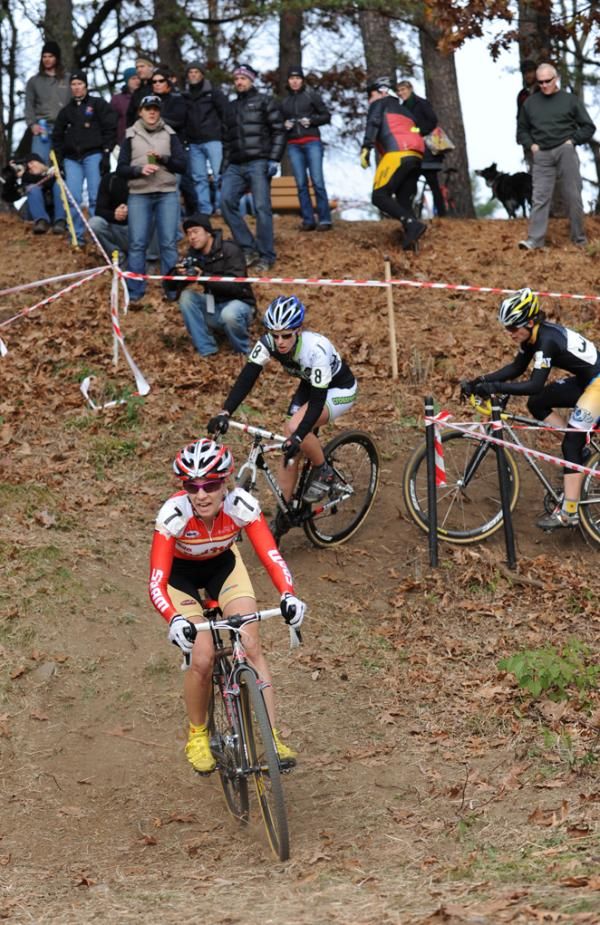 Maureen Bruno-Roy (Bob&rsquo;s Red Mill p/b Seven Cycles) comes through the dog leg.