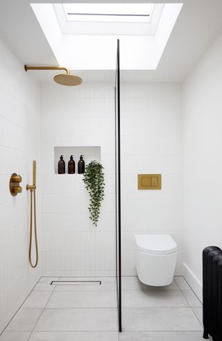 Minimalist white bathroom with walkin shower