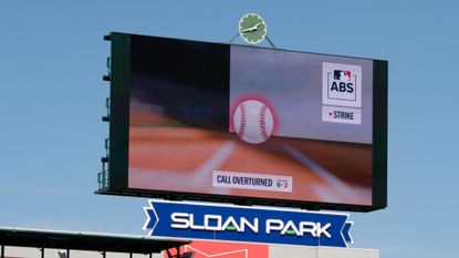 An ABS replay is shown on the scoreboard during an MLB spring training game between the Chicago Cubs and Chicago White Sox.