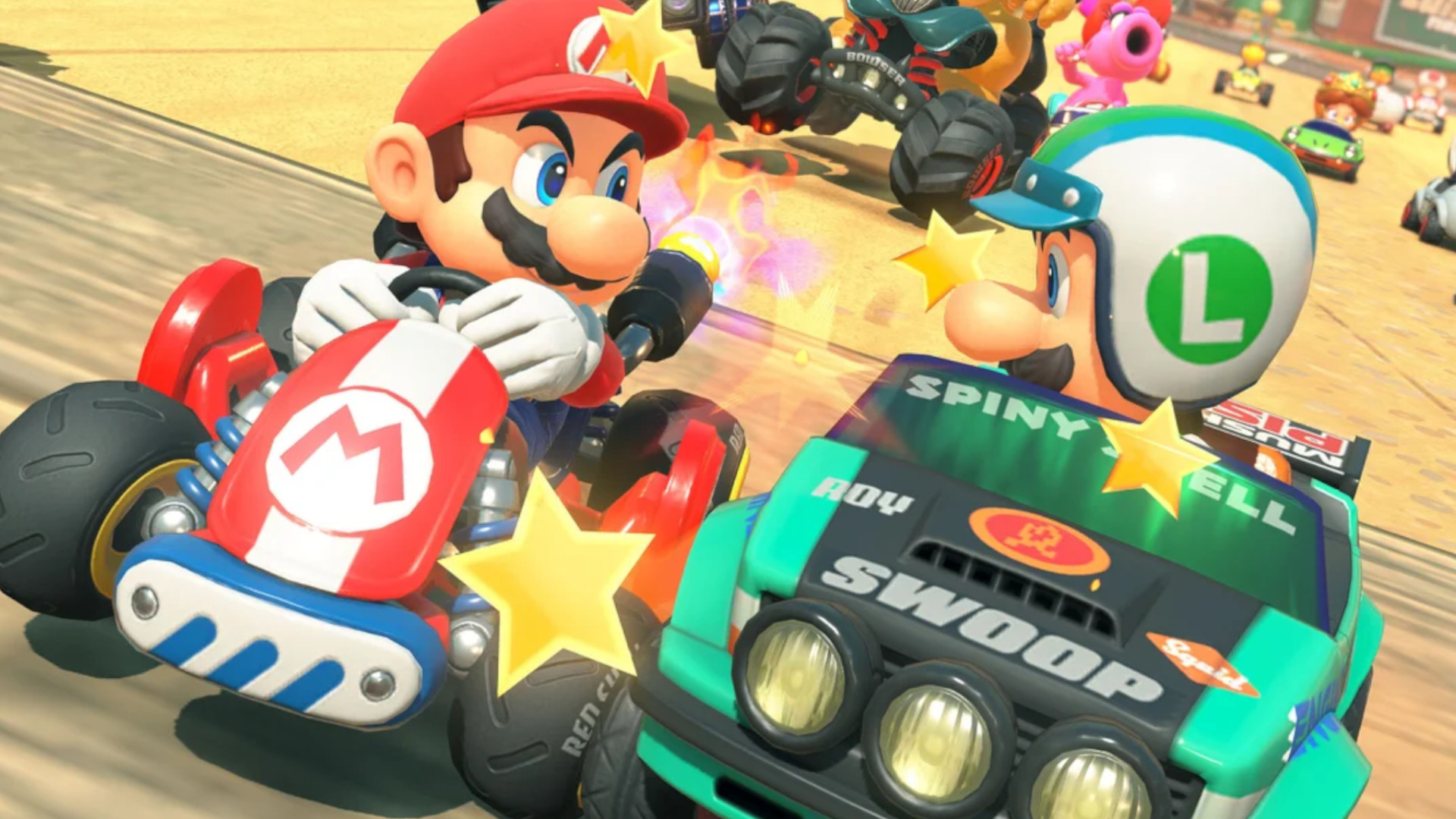 Switch 2 launch games: a close-up of Mario and Luigi racing each other during Mario Kart World. 