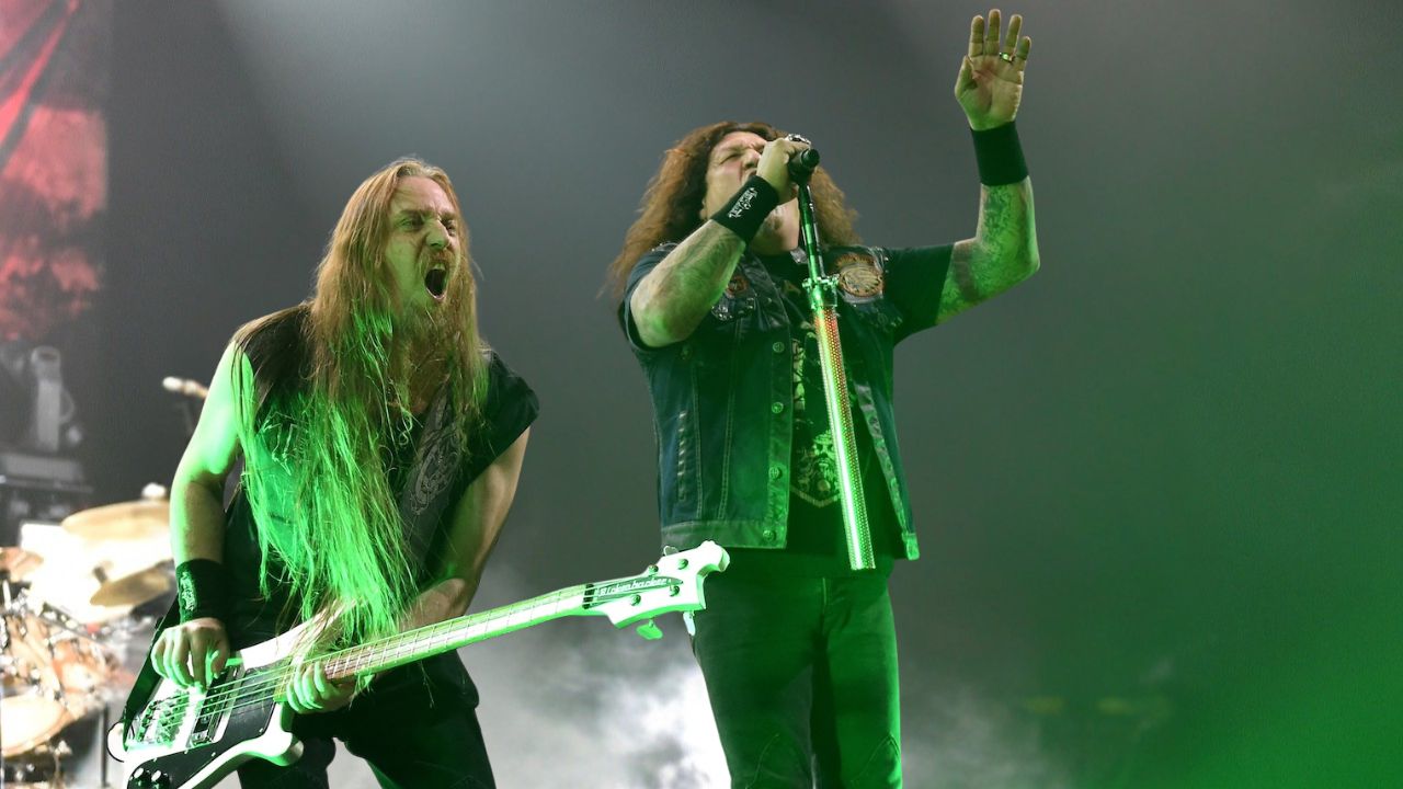 Bassist Steve DiGiorgio (L) and singer Chuck Billy of Testament perform at The Joint inside the Hard Rock Hotel &amp;amp; Casino on March 26, 2016 in Las Vegas, Nevada.