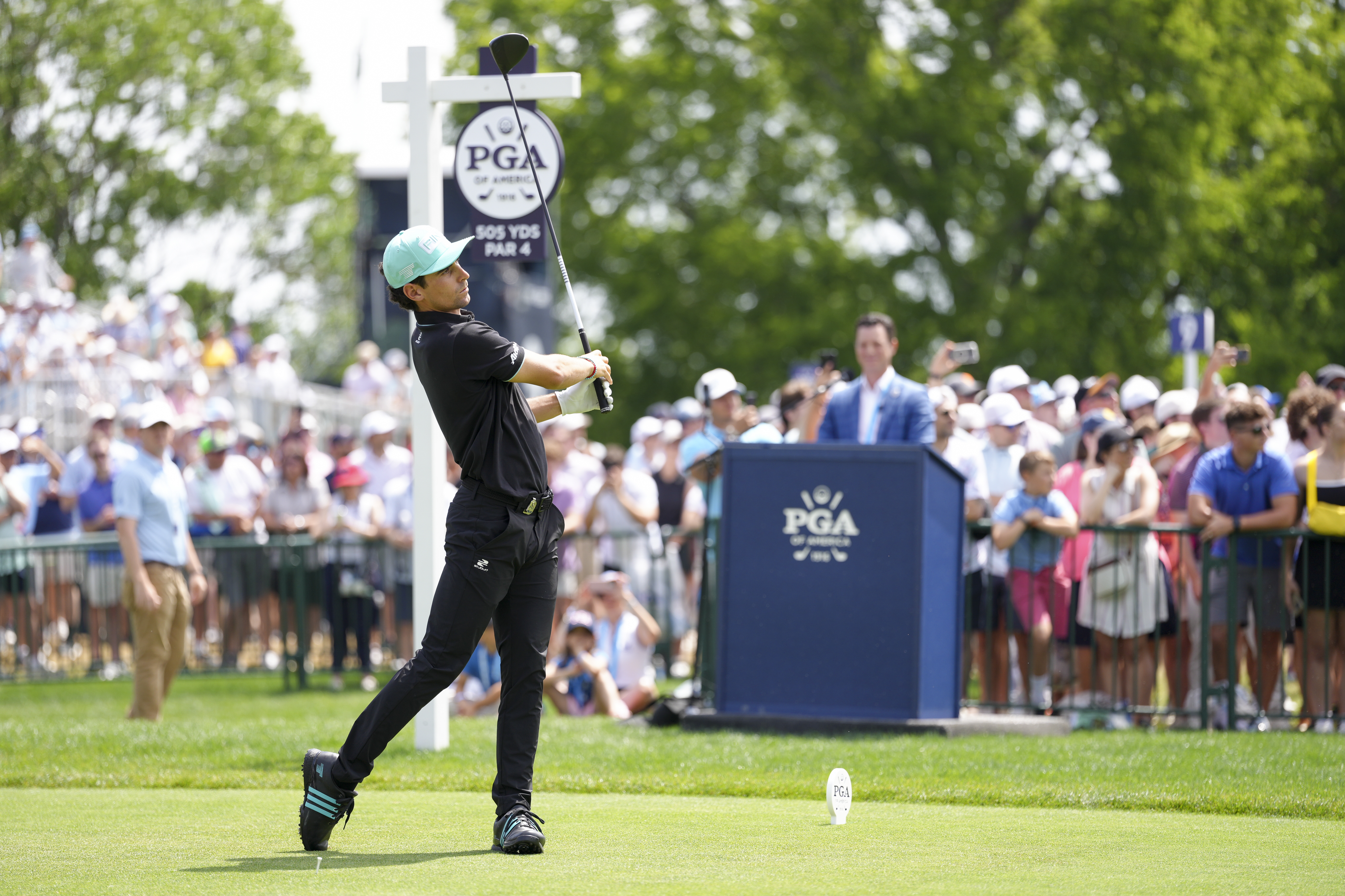 Joaquin Niemann hits a tee shot at the PGA Championship