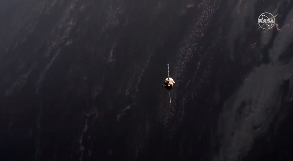 An uncrewed Soyuz MS-14 spacecraft carrying the humanoid robot Skybot F-850 and supplies approaches the International Space Station during an aborted docking attempt on Aug. 24, 2019.