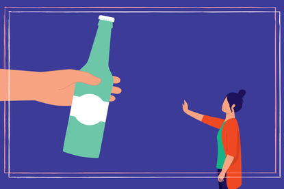 a cartoon illustration of a woman turning away a hand holding a beer in an effort to stop drinking alcohol