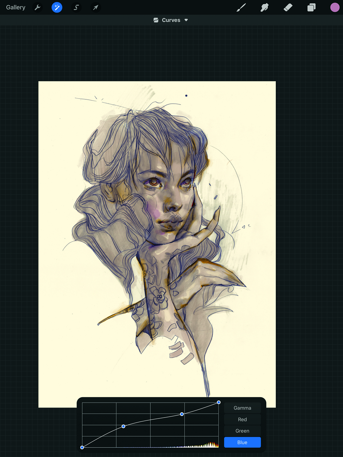 Trad to digital sketch tutorial; images of a portrait sketch