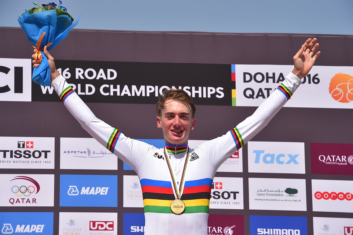 Brandon McNulty celebrates on the podium