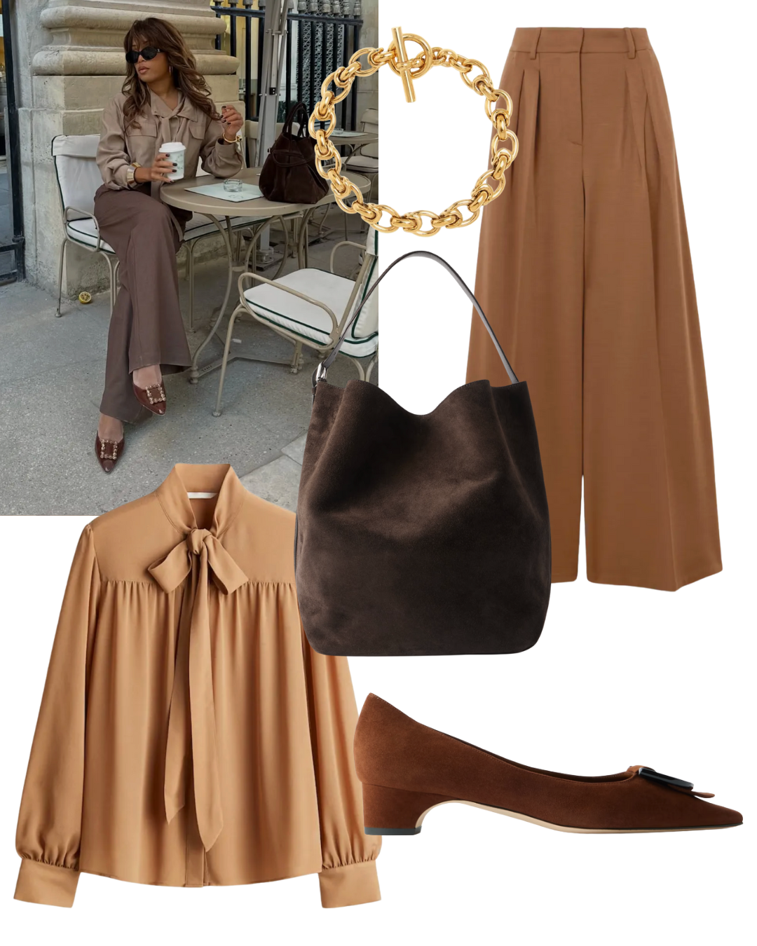 @slipintostyle wears brown trousers, brown pussybow blouse