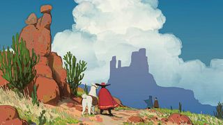 Key art of Arco, showing a figure in a poncho leading a llama into the distance.