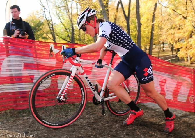 Katie Compton (Trek Cyclocross Collaborative) at the top of the stairs