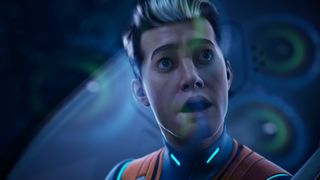 A man looks horrified as he sees a deep-sea creature with many eyes in a cinematic trailer for Subnautica 2