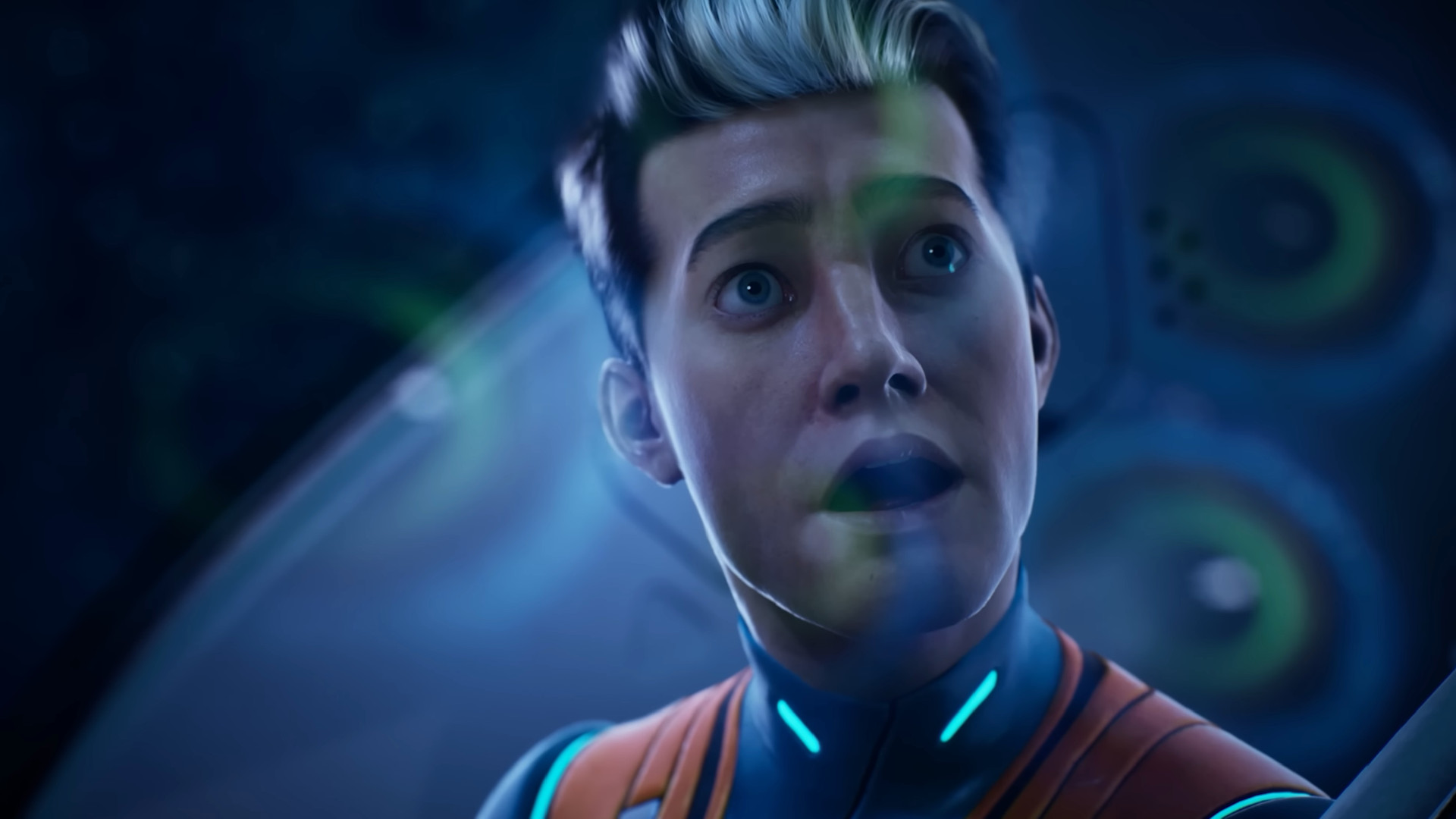 A man looks horrified as he sees a deep-sea creature with many eyes in a cinematic trailer for Subnautica 2