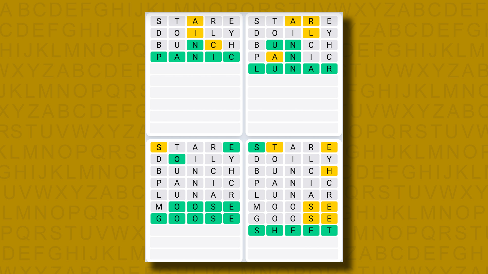 Quordle Daily Sequence Answers for Game 952 on a yellow background