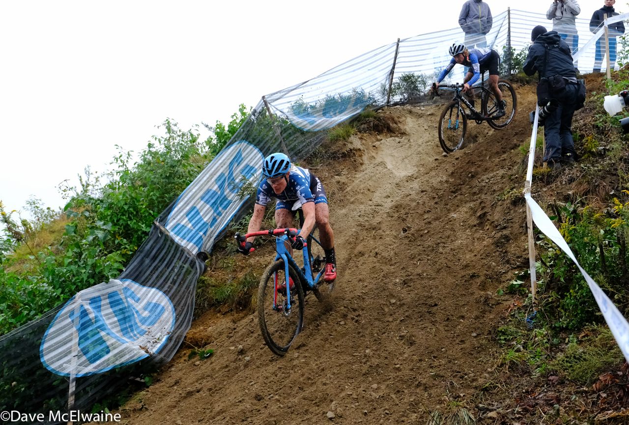 Katie Compton (Trek Panache) descending the steepest pitch on the course