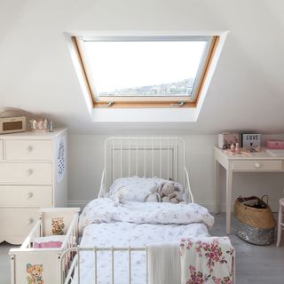 childrens room with white walls and study table