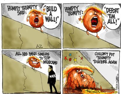 Political cartoon U.S. 2016 election Donald Trump Mexicans
