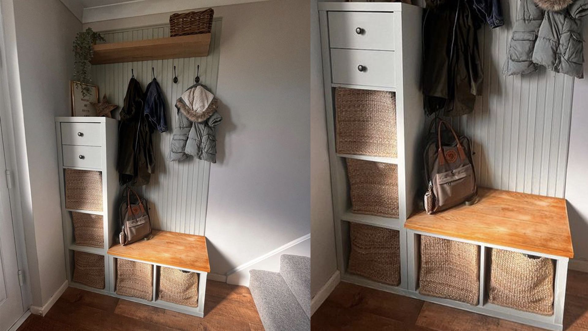 green hallway cube storage units and bench with hanging hooks