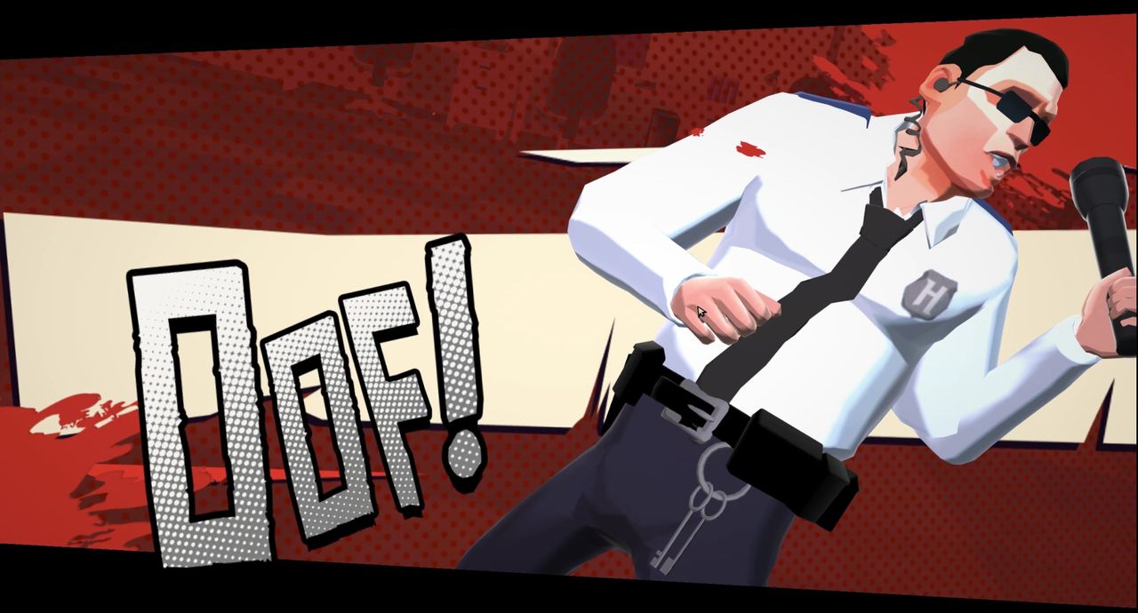 security guard getting whacked, comics text reading "OOF"