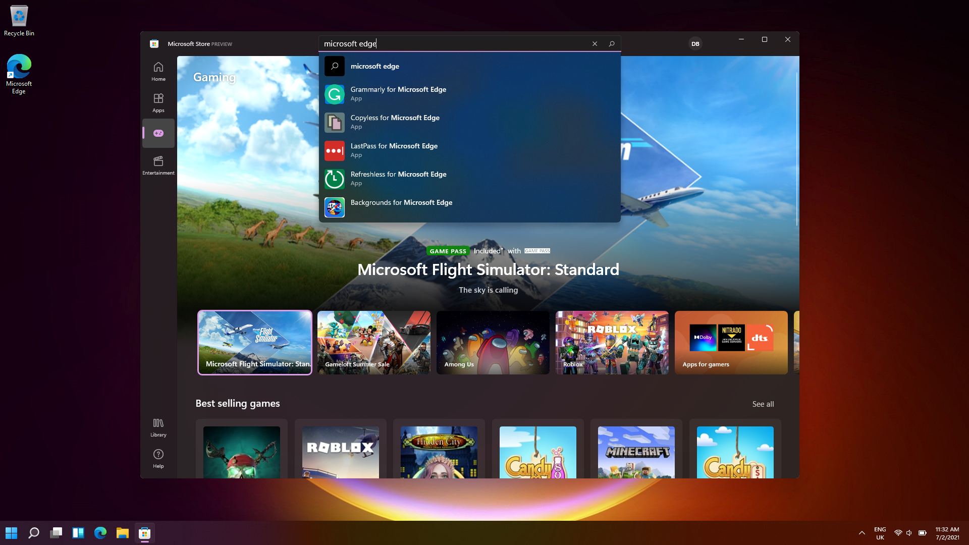 Windows 11 showing Edge extensions in the new Microsoft Store