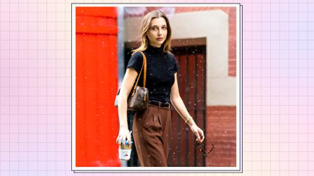 Emma Chamberlain pictured holding a cup of Chamberlain Coffee ice coffee, whilst in NYC/ in a pink, purple and cream template