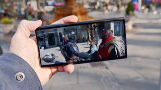 Samsung Galaxy S23 Ultra display showing The Mandalorian 3 trailer