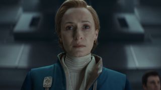 Genevieve O'Reilly's Mon Mothma in Imperial Senate chamber