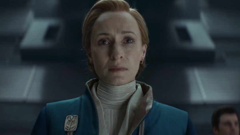 Genevieve O'Reilly's Mon Mothma in Imperial Senate chamber