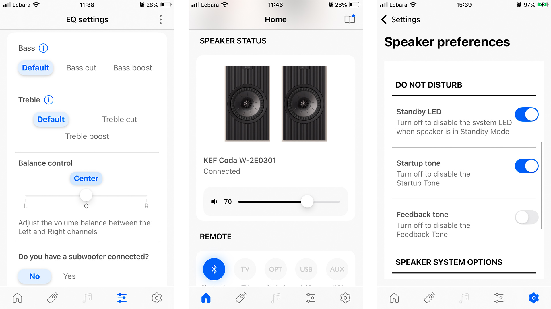 KEF Coda W active speakers app on three smartphone screens