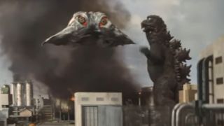 Godzilla getting angry at a flying Hedorah in Godzilla vs. Hedorah