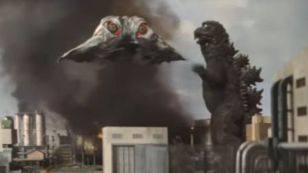 Godzilla getting angry at a flying Hedorah in Godzilla vs. Hedorah