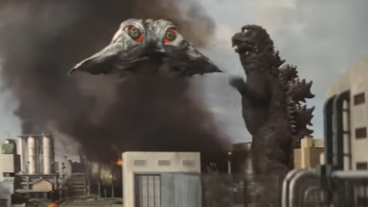 Godzilla getting angry at a flying Hedorah in Godzilla vs. Hedorah