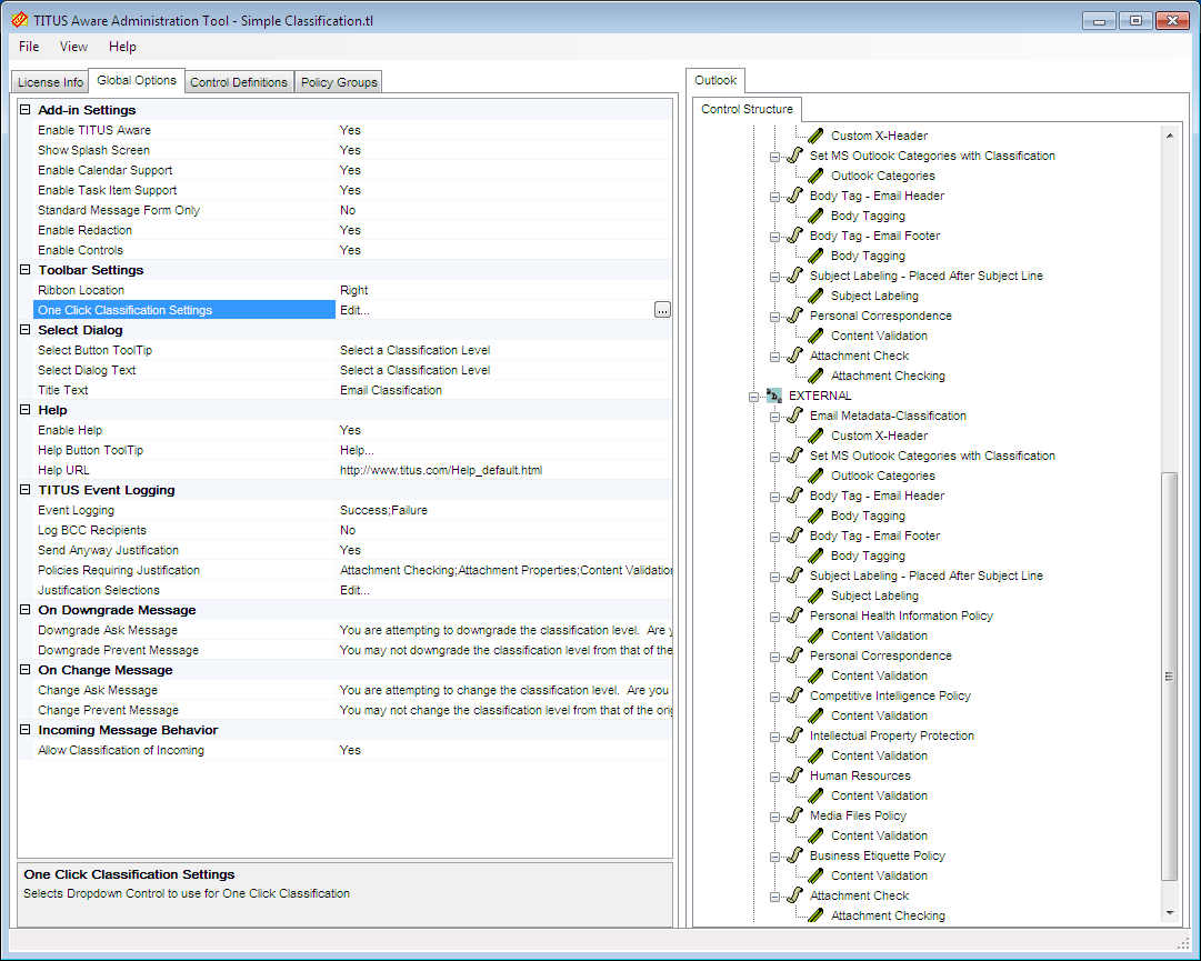 The Global Options are used to activate features for the TA Outlook agent and control how it behaves.