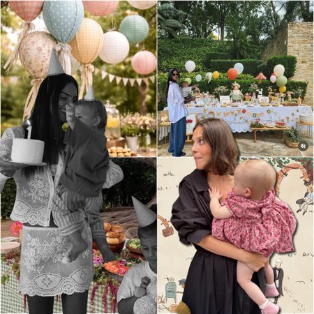 Collage of mothers holding their children at outdoor birthday parties with pastel balloons, decorated tables, party hats, and colorful cakes.