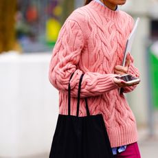 Clothing, Street fashion, Pink, Red, Fashion, Sweater, Sleeve, Outerwear, Neck, Wool,