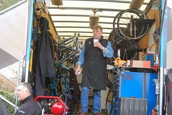 Head mechanic Julien DeVries is hard at work assembling all the equipment in the team's mobile work shop.