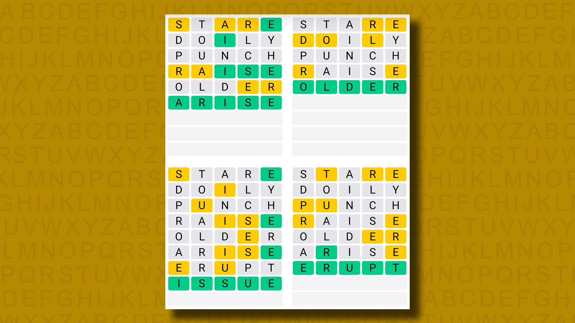 Quordle's answers for the game 949 on a yellow background